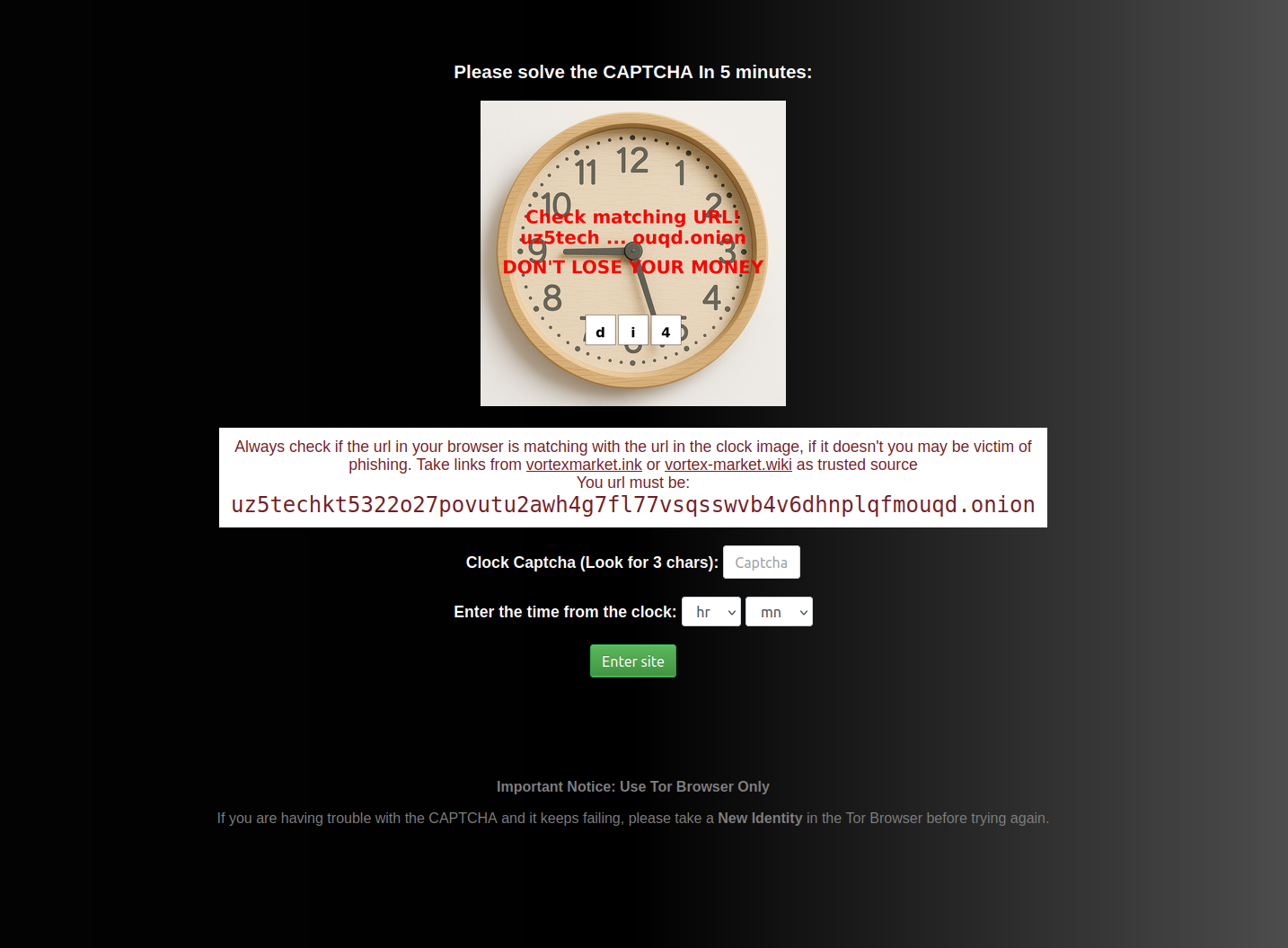 Vortex Market Advanced CAPTCHA with Clock Verification - Anti-Phishing Security