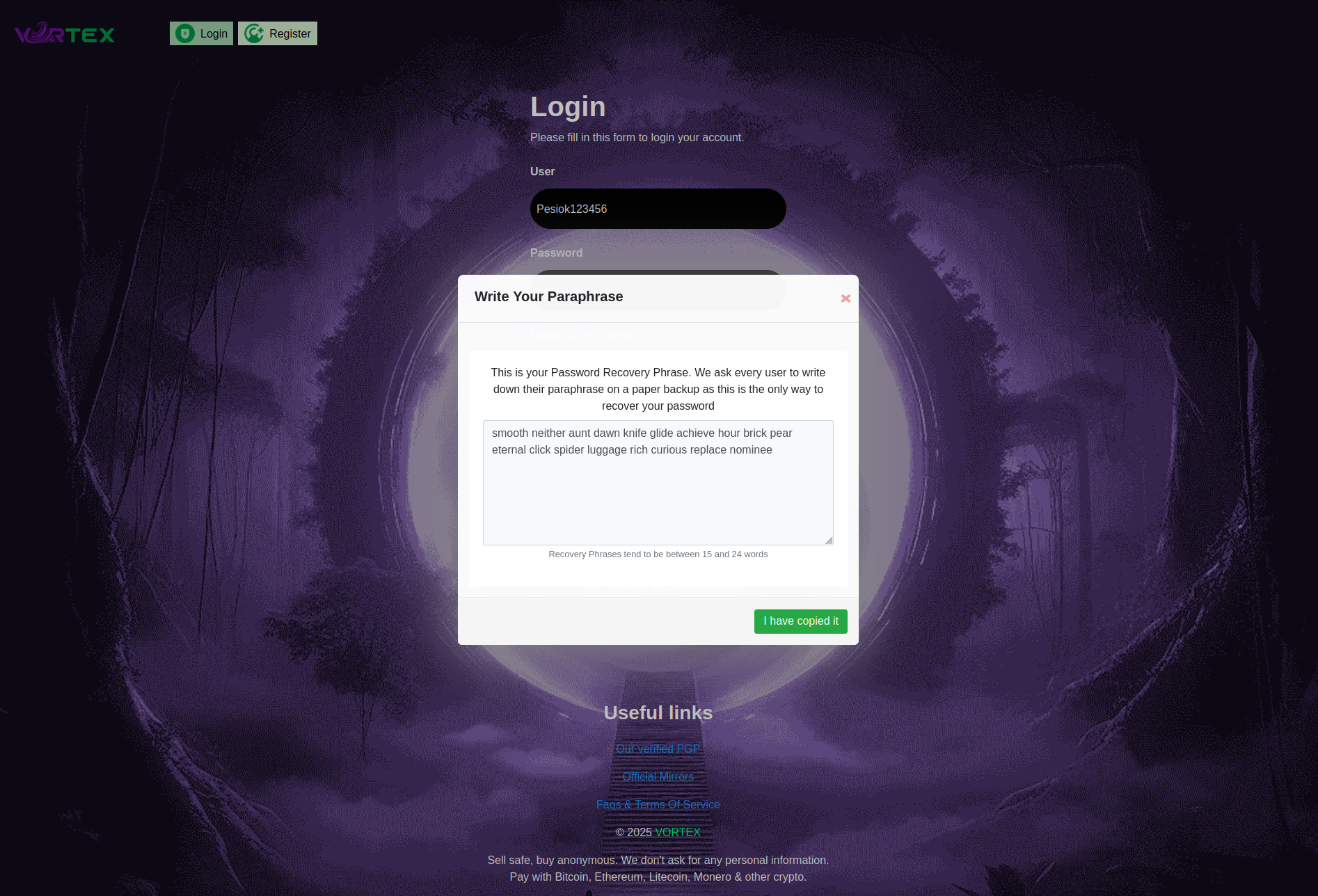 Vortex Market Mnemonic Recovery Phrase Interface - Secure Backup System