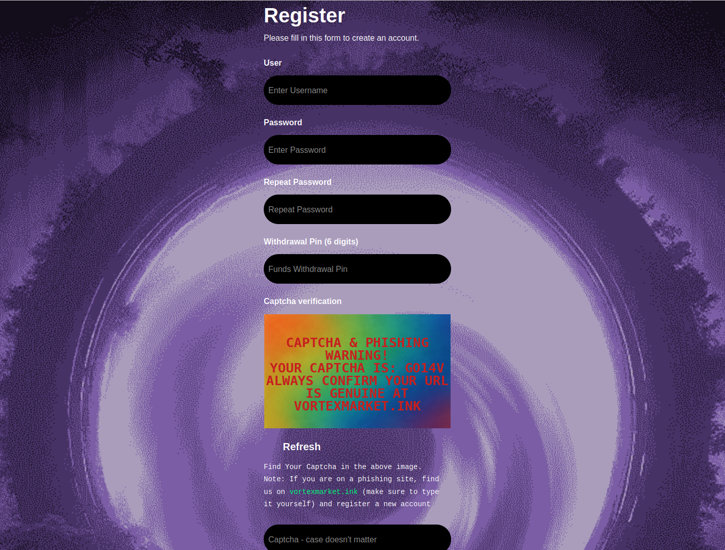 Vortex Market Secure Registration Interface - Account Creation Form